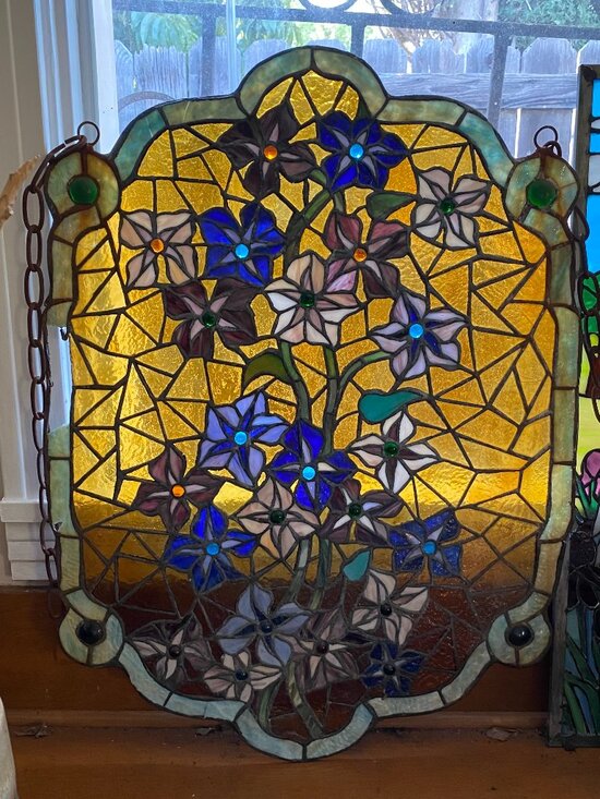 Other - Antique Stained Glass Leaded Panel Victorian Salvage Mosaic Periwinkle Flowers